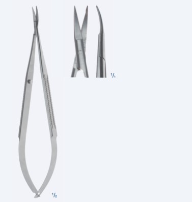 Ножиці, хірургічні, "Millesi", мікро, плоска ручка з поперечною насічкою, зубчасті леза, вигнуті, гострокінцеві, загальна довжина 160 мм, 6 1/4"